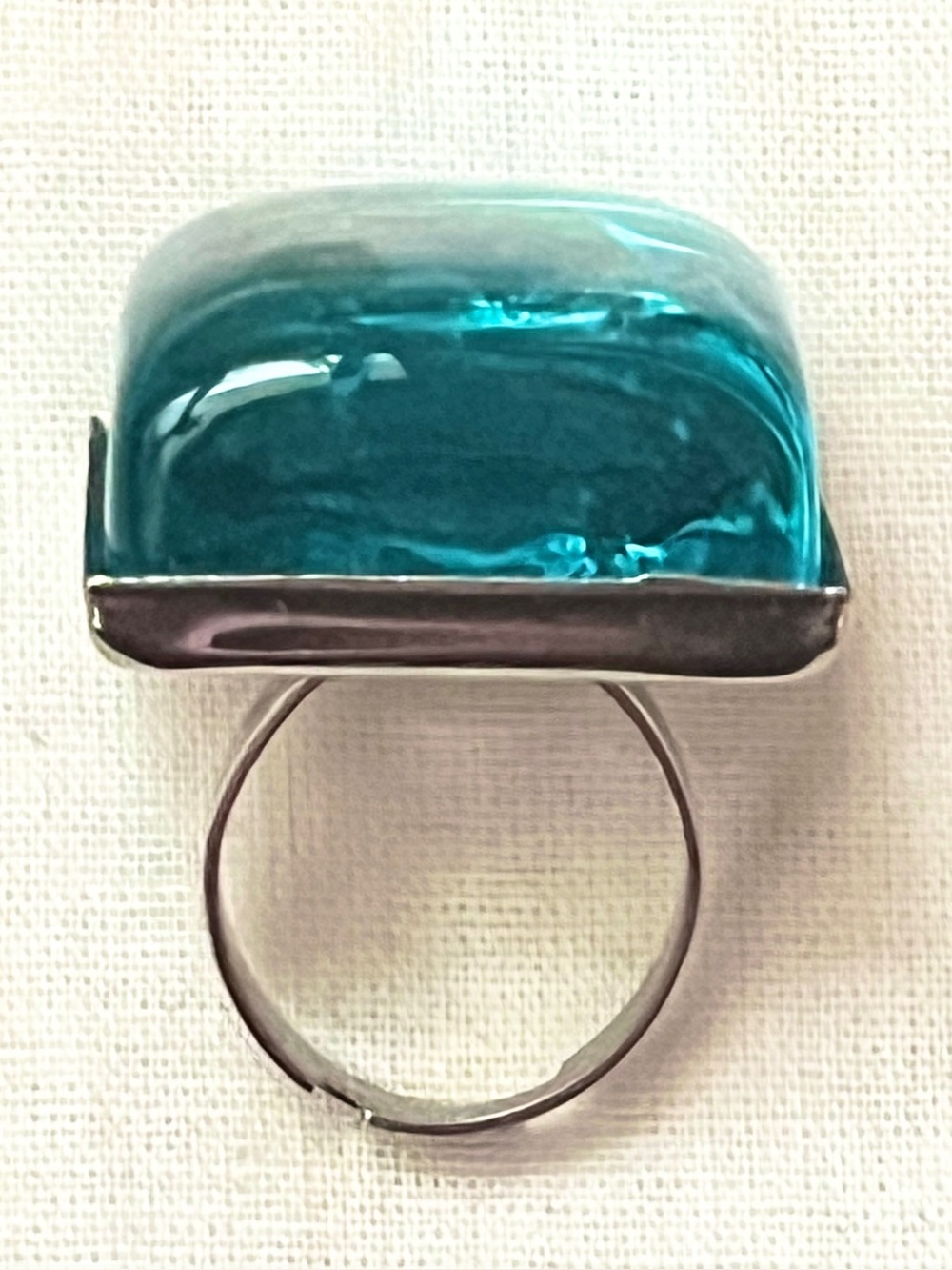 Vintage French Sterling Silver 925 Aqua Glass Statement Cocktail Ring Adjustable